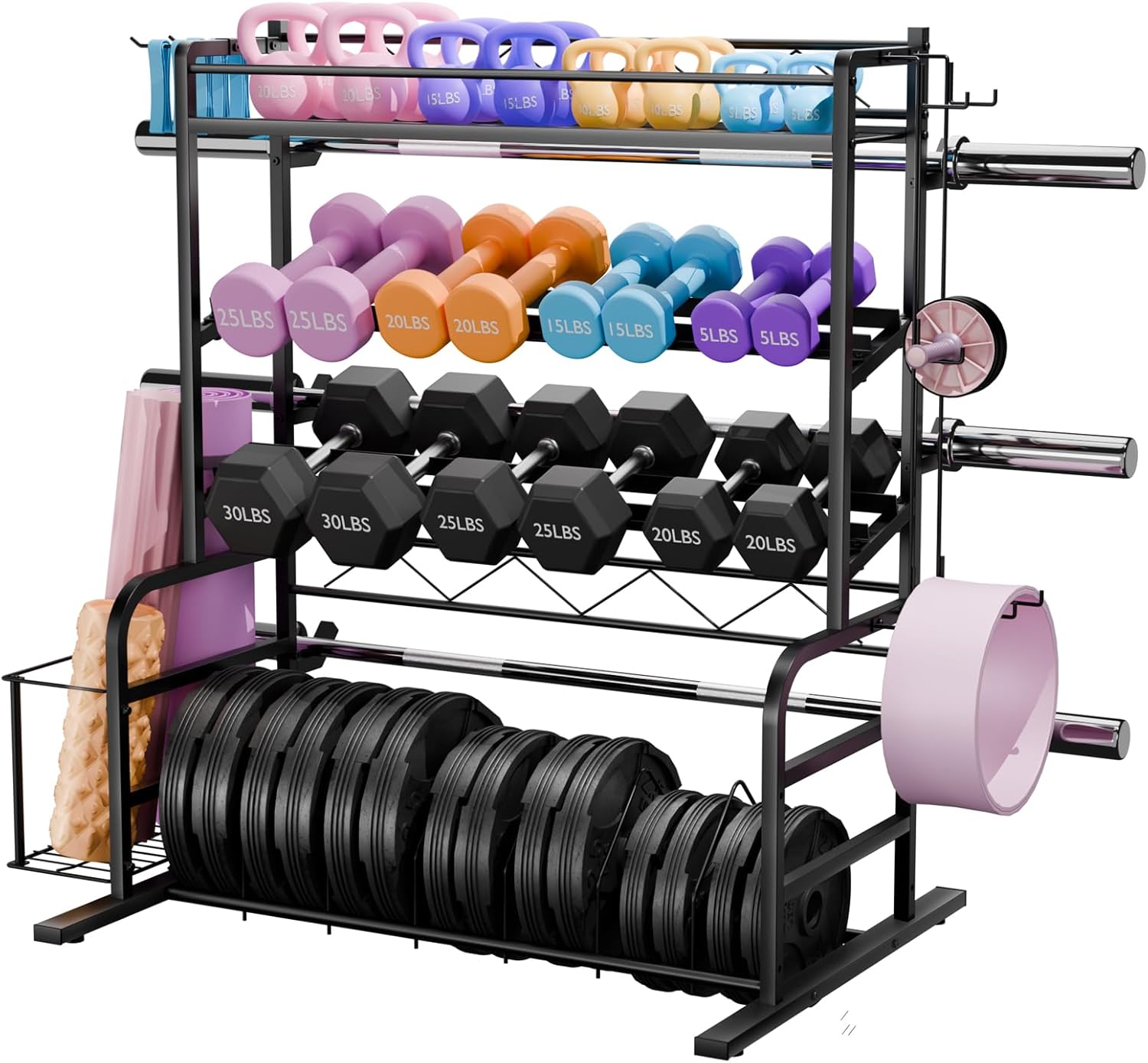 XL Adjustable Weight Rack for Dumbbells - Barbell Holder Bumper Plate Storage Rack with 3 Olympic Bar Racks, Dumbbell Rack Weight Stand,Home Gym Storage Rack for kettlebells,Yoga Mat
