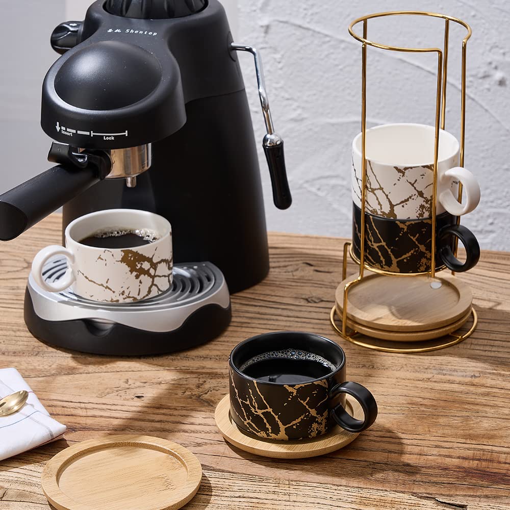 LUKA Porzellan-Espressotasse mit Metallständer, stapelbare Keramik-Demitasse-Espressotassen, Cappuccino-Tassen für Latte, Kaffee, Café, Mokka, Tee (4er-Set)