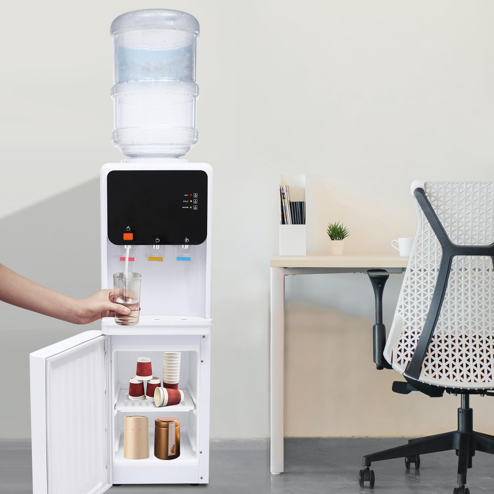 ‎Dispensador de agua eléctrico de pie, caliente y frío, doble función, máquina de beber de pie, dispensador de agua caliente y fría con 500 W de potencia de calentamiento y 75 W de potencia
