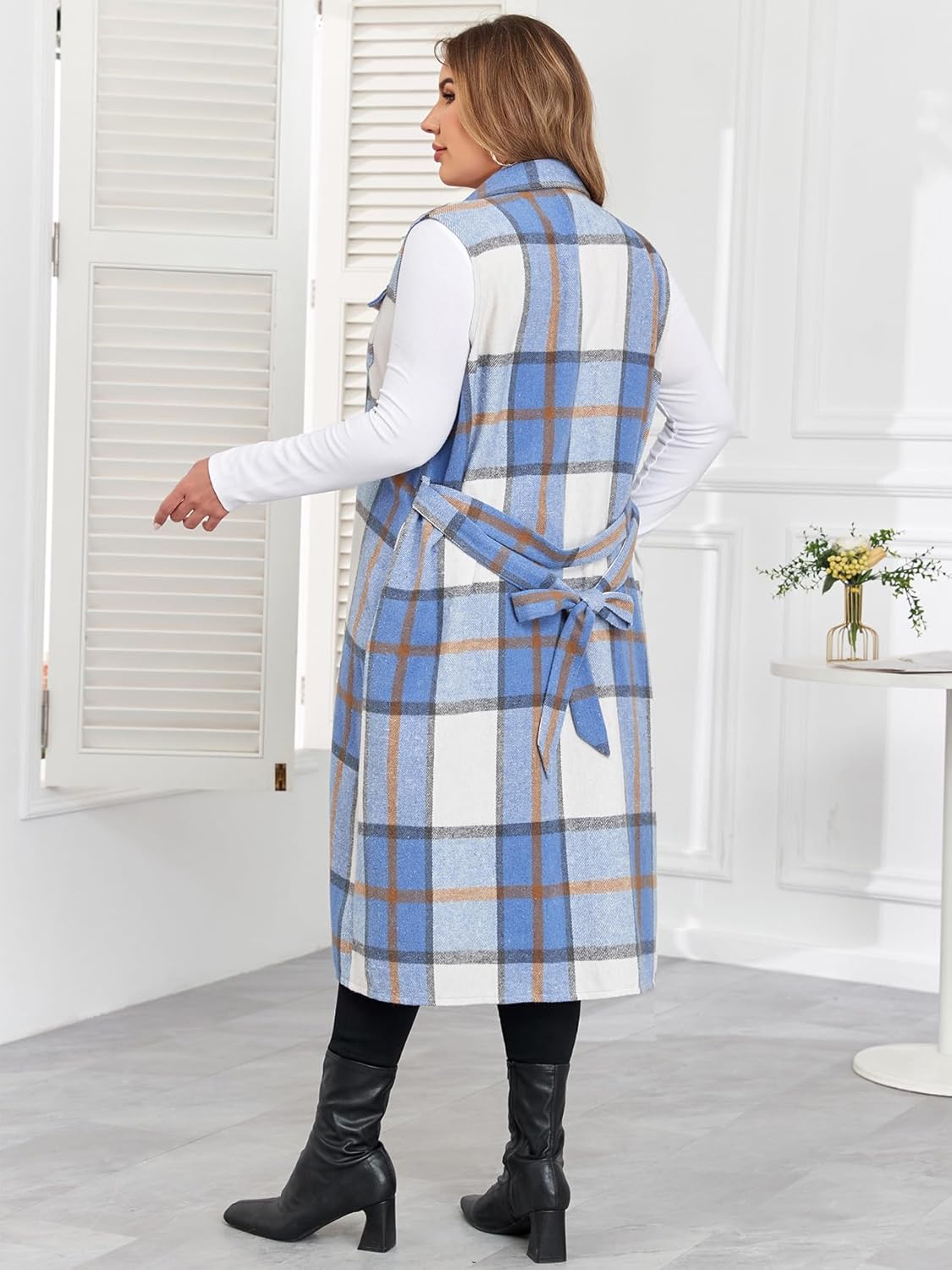 ZOMVA Plus Size 1X-5X Flannel Plaid Long Midi Vest with Pockets Button Down Sleeveless Shacket Coats Fall Outfits Jackets - Image 2