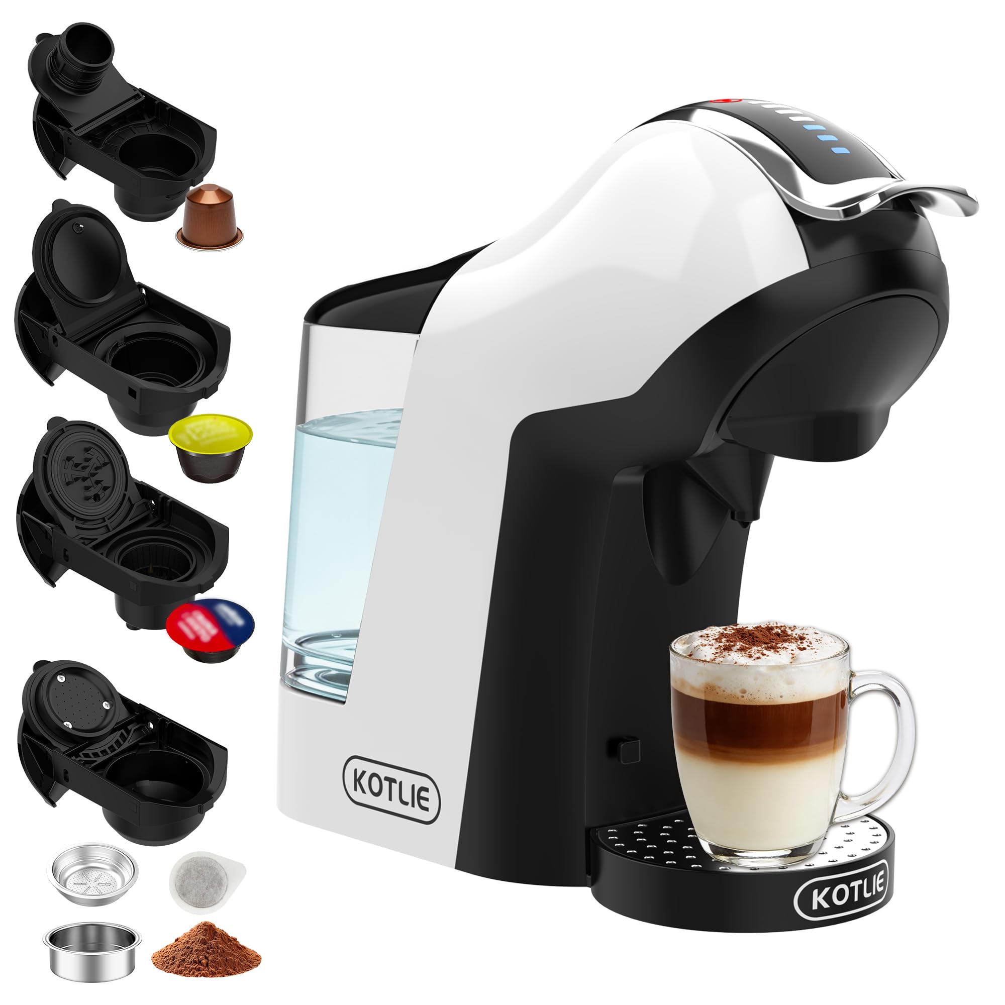 KOTLIE 5 en 1 máquina de café cápsulas 19 Bar, máquina multi-cápsula para Nespresso/Dolce Gusto/pastillas ESE (44mm)/polvo de café, depósito de agua 1L, 3 temperaturas/7 cantidades de agua