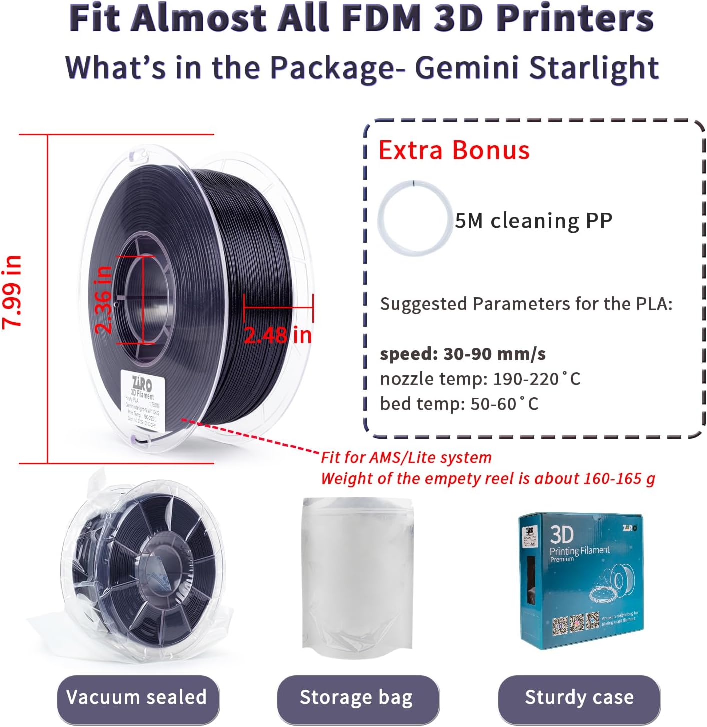 ZIRO 3D Printer Filament, 1.75mm Shiny Sparkle Glitter PLA, Firely PLA Series, Fit for Most FDM Printer, Galaxy Effect Printing Material, 1KG Spool, Dimensional Accuracy +/-0.03mm, Gemini Starlight