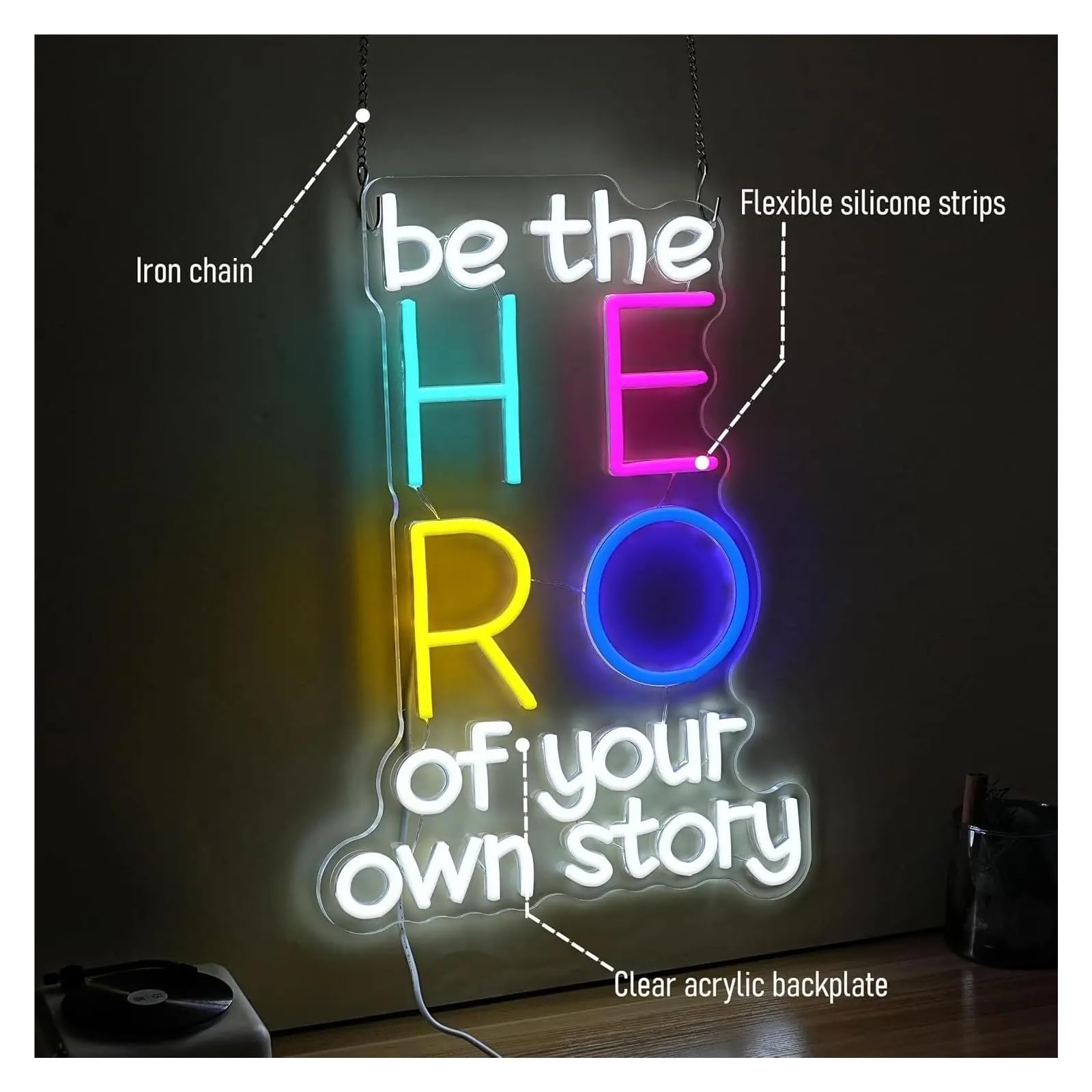 Insegna al Neon Insegna Al Neon A LED"Be The Hero Of Your Own Story" | Decorazione Murale Estetica Per Camera Da Letto, Ufficio, Palestra, Dormitorio, 40x28.7cm