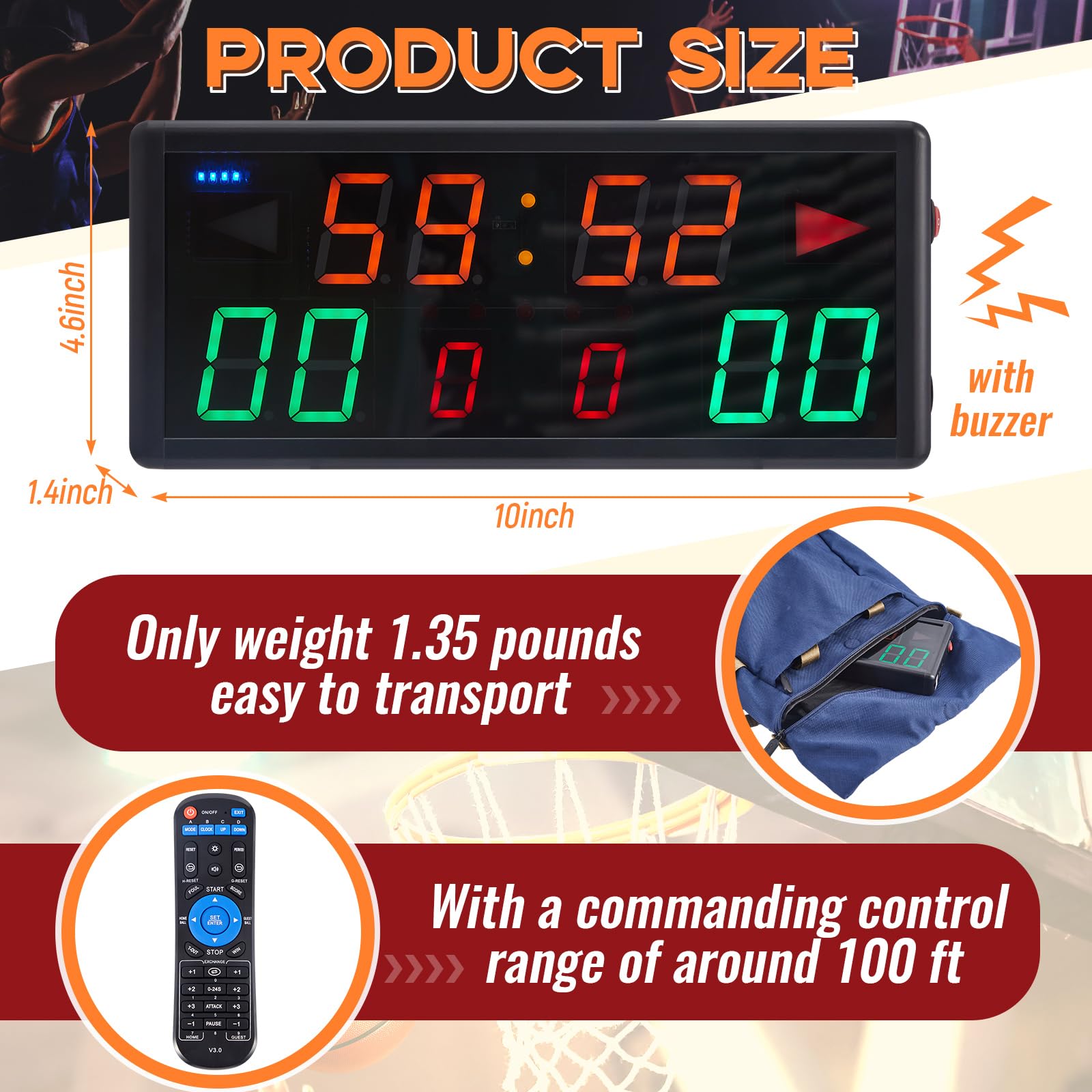 Tellegloww Electronic Basketball Scoreboard Portable Digital Scoreboard with Remote Tabletop LED Score Keeper with Timer Clock for Volleyball Baseball Table Tennis Indoor Sports Games - Image 3