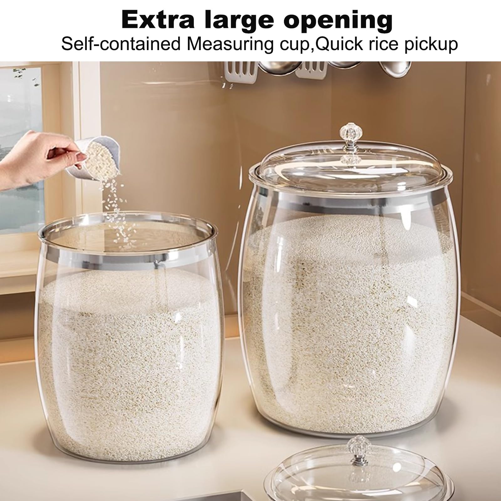 Tarro cereales transparente,recipiente for cereales,tarro arroz plástico hermético,espesado y duradero,grado alimenticio PET,gran capacidad 5 a 15 kg, adecuado for almacenar arroz, harina(24*23.7*32cm