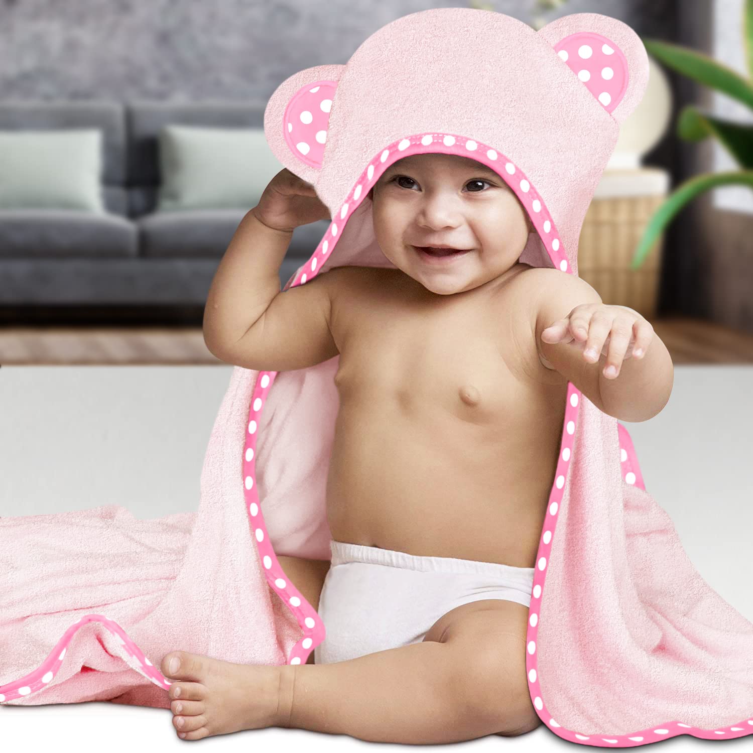 Hikyskin Set of 2 Bamboo Hooded Baby Towels – Luxurious, Large and Super Absorbent – 30 x 30 Inch – Soft and Suitable for Infants, Toddlers and Kids – 400 gsm (White and Pink)
