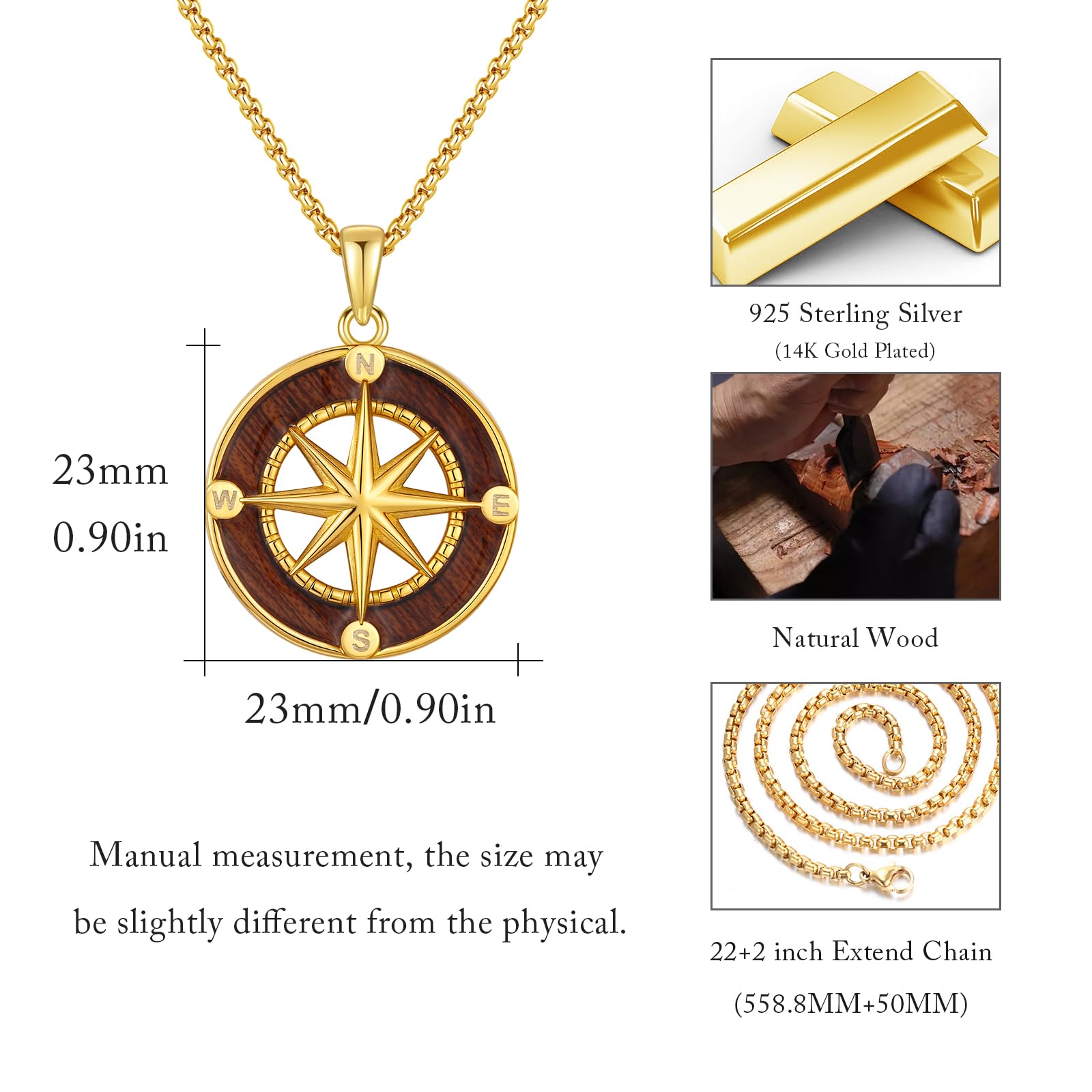REDSUN Collana da donna in argento sterling 925, placcato oro 14 carati, con legno naturale, ebano, talismano, gioiello da viaggio, anima in legno, per donna, uomo, regalo di laurea, regalo di