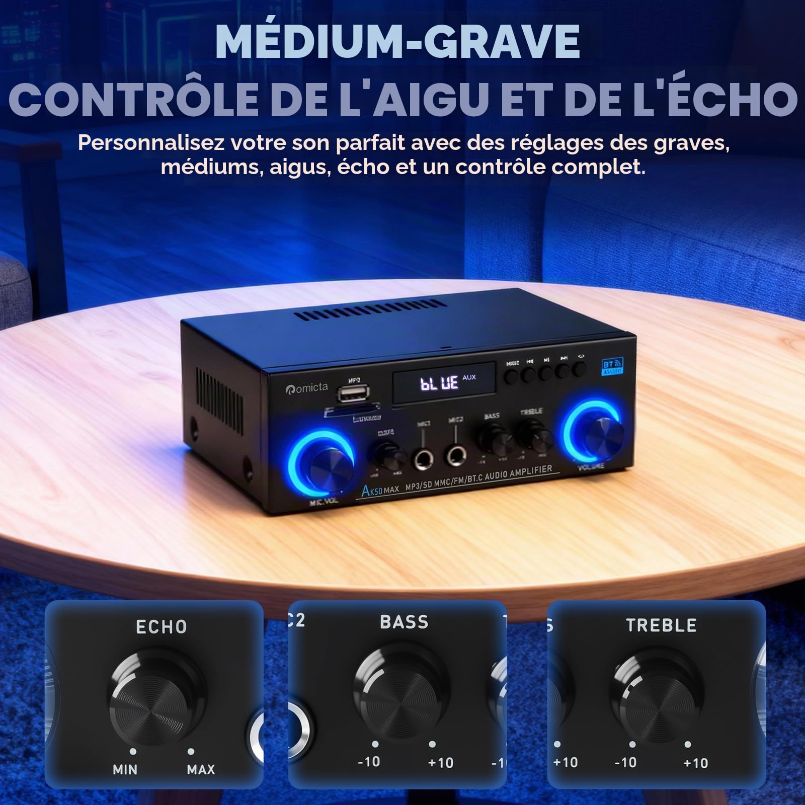 Romicta Amplificateur Audio Stéréo 800W, Bluetooth 5.0 | Radio FM, Lecteur USB/SD, Entrée AUX, 2 Micros avec Echo | Télécommande pour Home Cinéma et Maison
