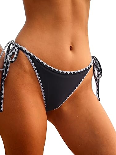 BERLOOK Women's Black Contrast Stitch Tie Side High Cut Bathing Bikini Bottom