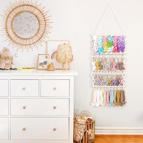 Vista 14 de POVETIRE Soporte para diadema para bebé, organizador de almacenamiento de accesorios y lazos para el cabello, decoración para colgar en la pared