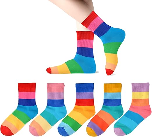 EPEIUS Kids Girls' 5 Pack Seamless Rainbow Stripes Crew Socks