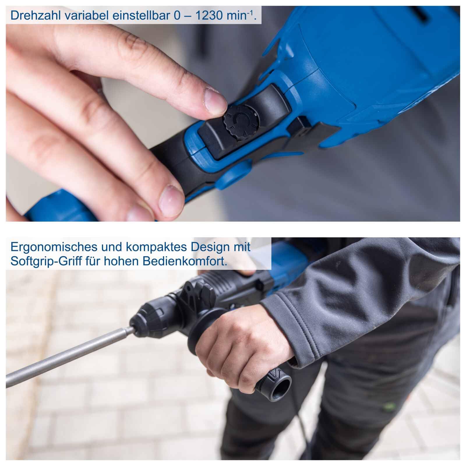 Scheppach Martillo perforador DH2260 SDS-Plus | 26 mm de potencia de perforación para hormigón | 1050 W | 3 julios de fuerza de impacto | función 4 en 1 | 5500 bpm | velocidad variable | agarre suave