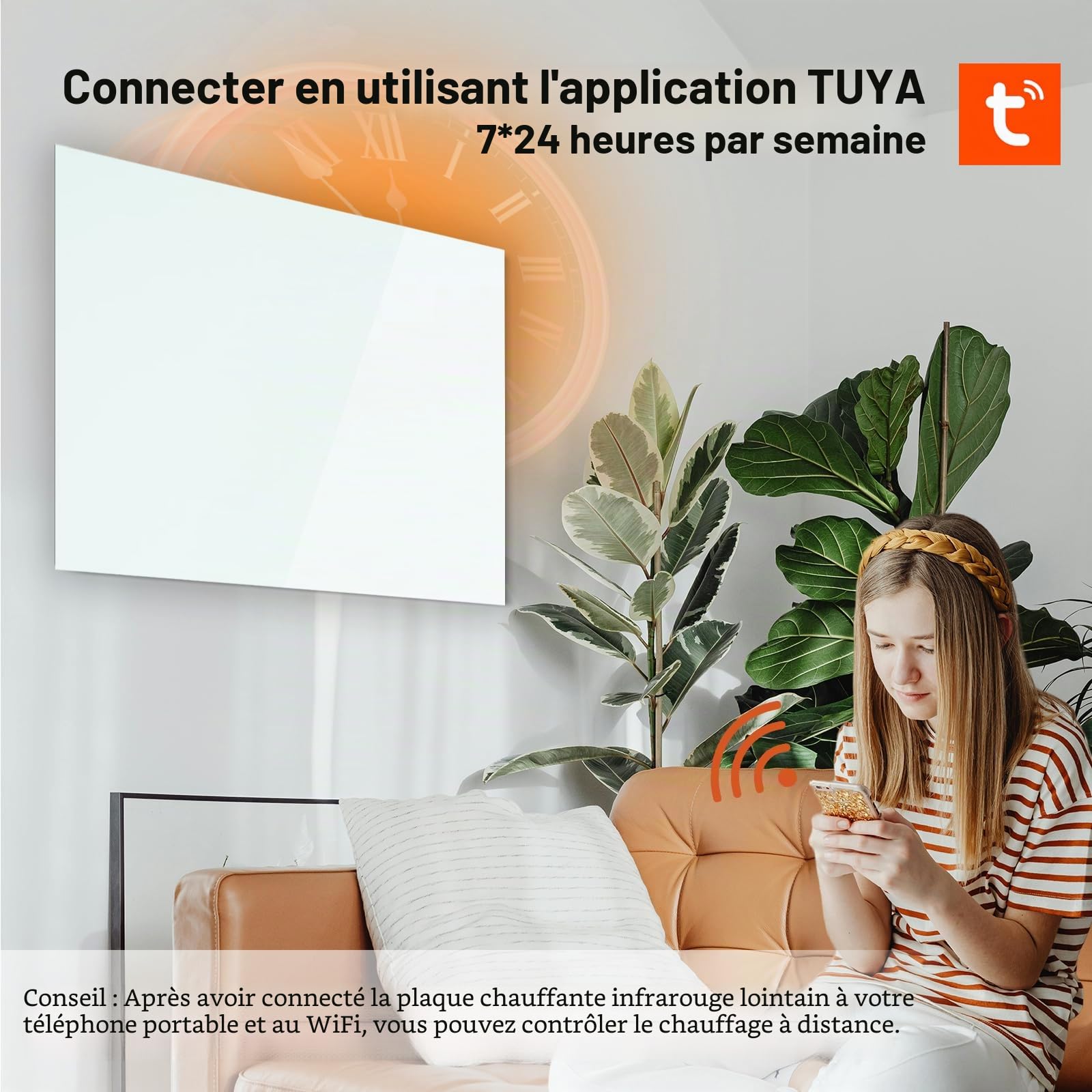 Chauffage Infrarouge en Verre 800W, Chauffage Infrarouge en Verre avec télécommande 120x60 CM avec Protection Contre la Surchauffe - WIFI (Tuya Smart) - Blanc - TÜV.