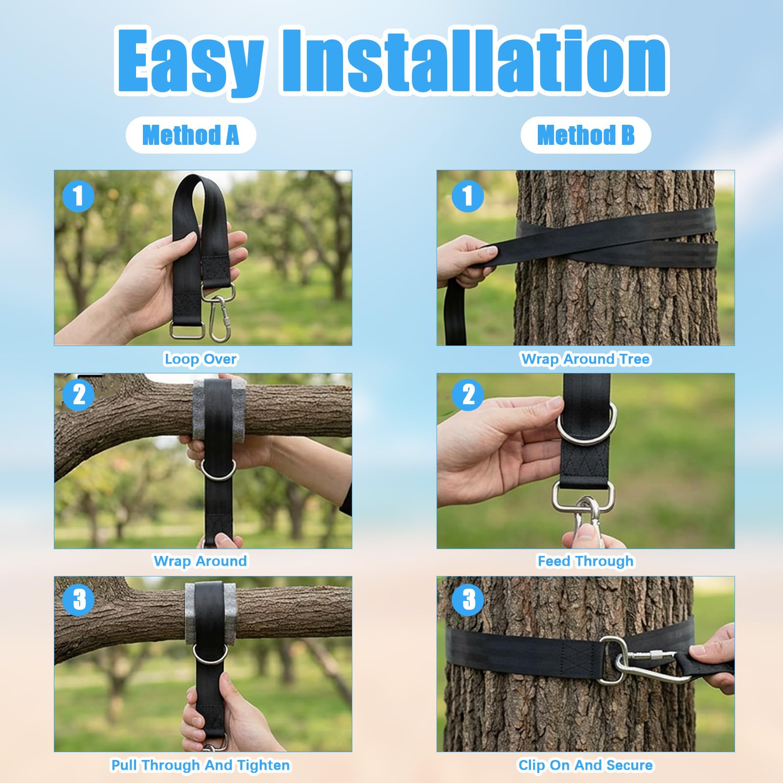 900 kg Correas Hamaca Kit Columpio, Fijación Suspensión 2 x 150 cm con Mosquetones, Anillos en D, Protectores de Árbol y Bolsa para Jardín, Camping, Uso Exterior