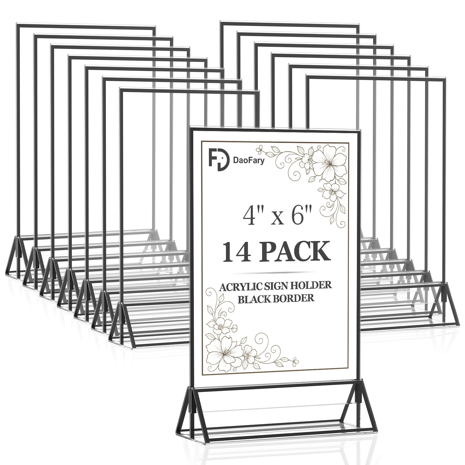 Confezione da 14 supporti per cartelli in acrilico da 10 x 15 cm, a doppia faccia, colore nero, da tavolo, espositore trasparente per menù e volantini per feste di nozze