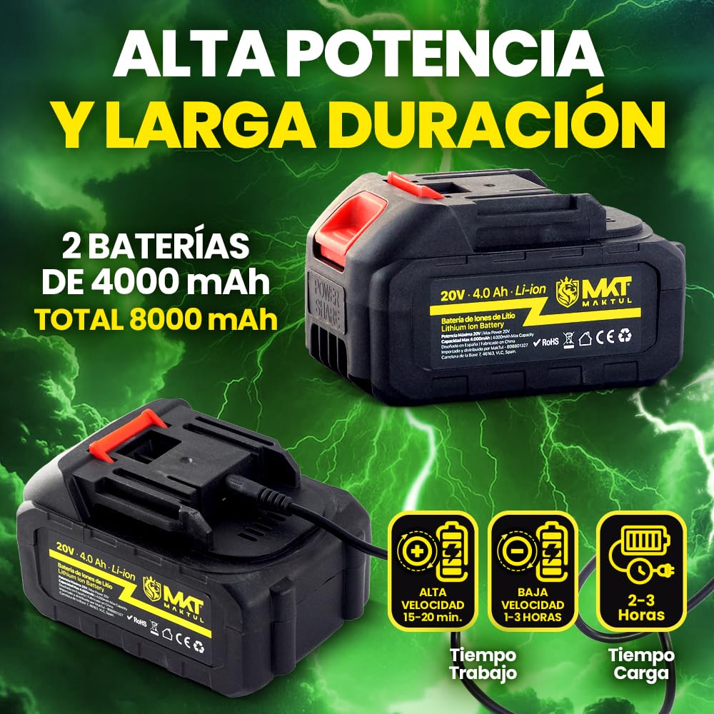 MAKTUL Soplador de Hojas Batería Potente y Ligero, Motor 6 Velocidades 28.000 RPM 241 Km/h, 2 Baterías 4000mAh 20V 450W, Sopladora de Aire Jardín Alta Potencia, Bufador Eléctrico Inalámbrico sin Cable