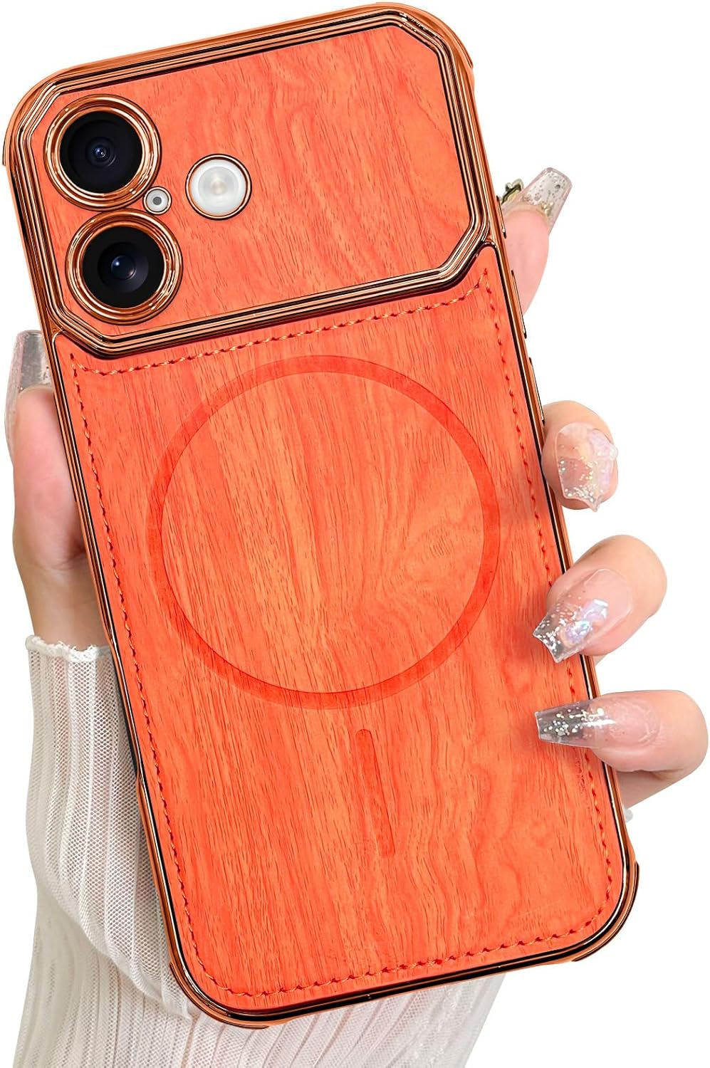 LSL Case for iPhone 17 [Compatible with MagSafe] Wooden Pattern Print Design Soft TPU Plating Bumper Full Camera Lens Anti-Drop Anti-Scratch Shockproof Protective Slim Magnetic Cover - Orange