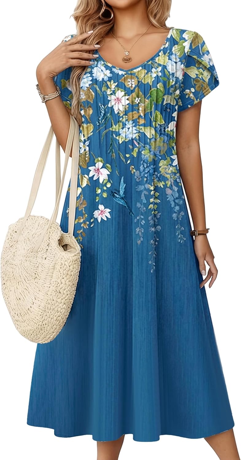 Zeagoo Women Midi Dresses for Summer 2026 Short Sleeve Casual Flowy Dress A Line Pleated V Neck Beach Sundress with Pockets
