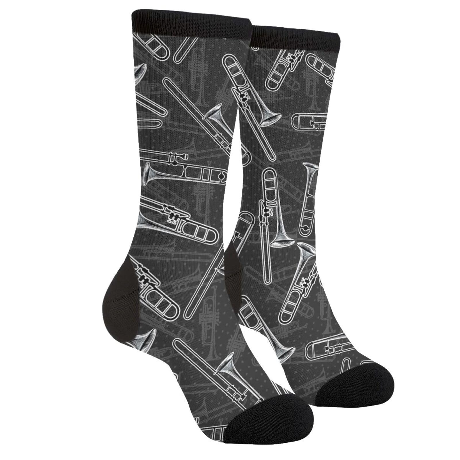 YISHOW Black White Trombones Vintage Unisex Novelty Crew Socks Casual Funny Crazy Dress Socks Gift