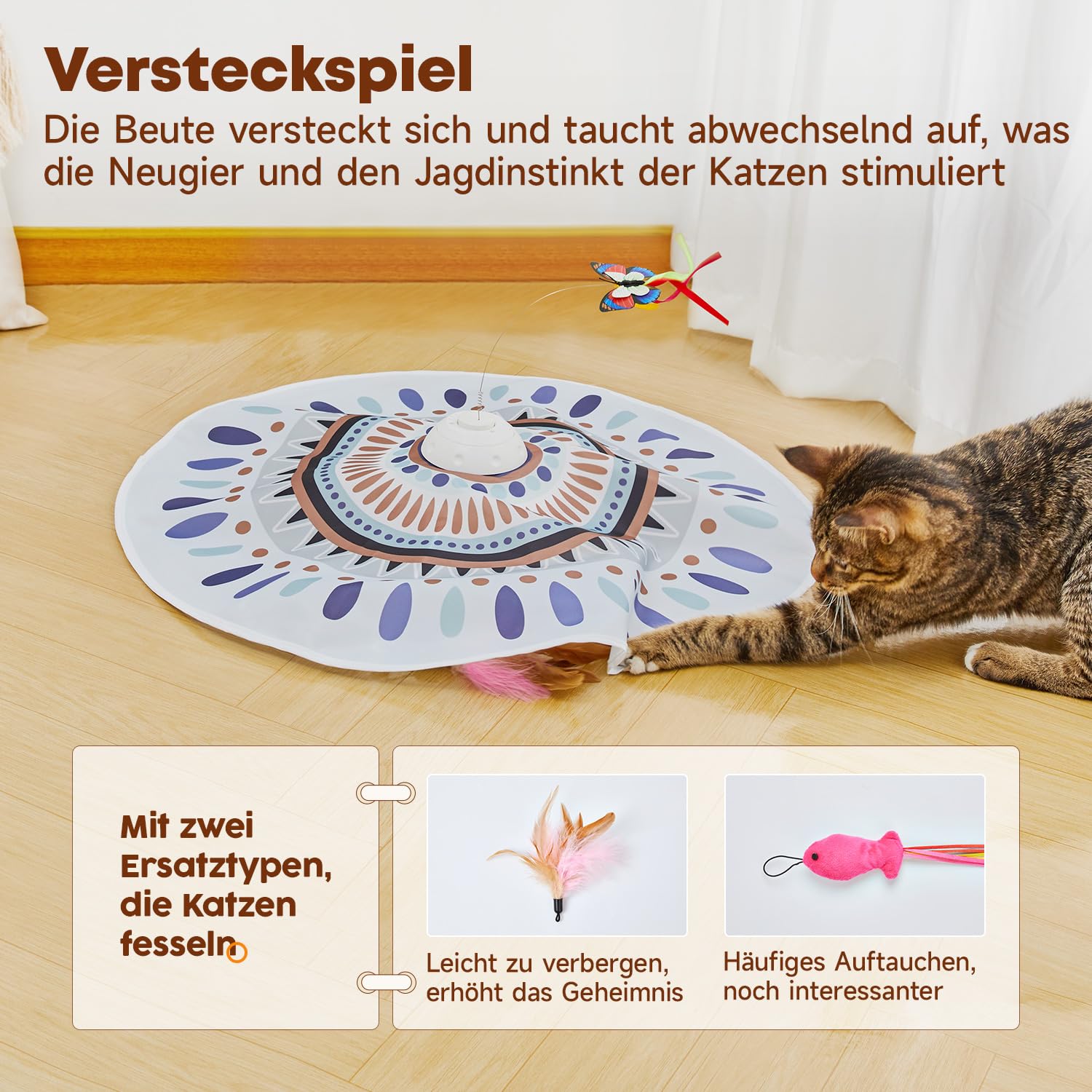 Potaroma Katzenspielzeug Selbstbeschäftigung, wiederaufladbar Elektrisch 3-in-1 Versteckspiel Kätzchen Interaktives Spielzeug für Indoor Cats, flatternder Schmetterling, bewegliche Feder Geräusch