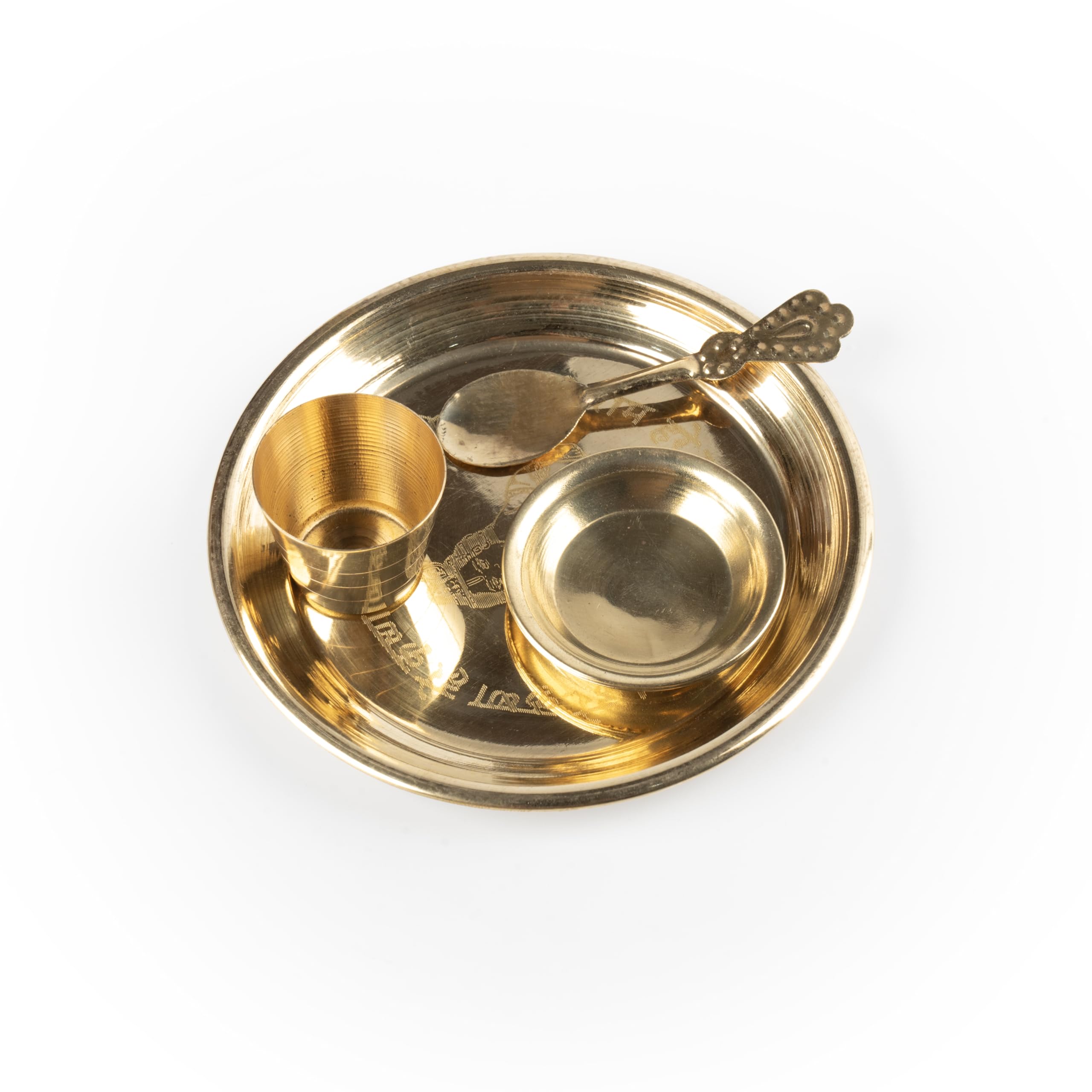 Brass Pooja Accessory Article Mini Thali Set for Indian Pital for Janamasthmi Navratri Pooja Home and Temple Kanha Ji Small Bartan Offering Prasad Thakur Ji Essential Pooja Item (Small Bhog Thali Set)