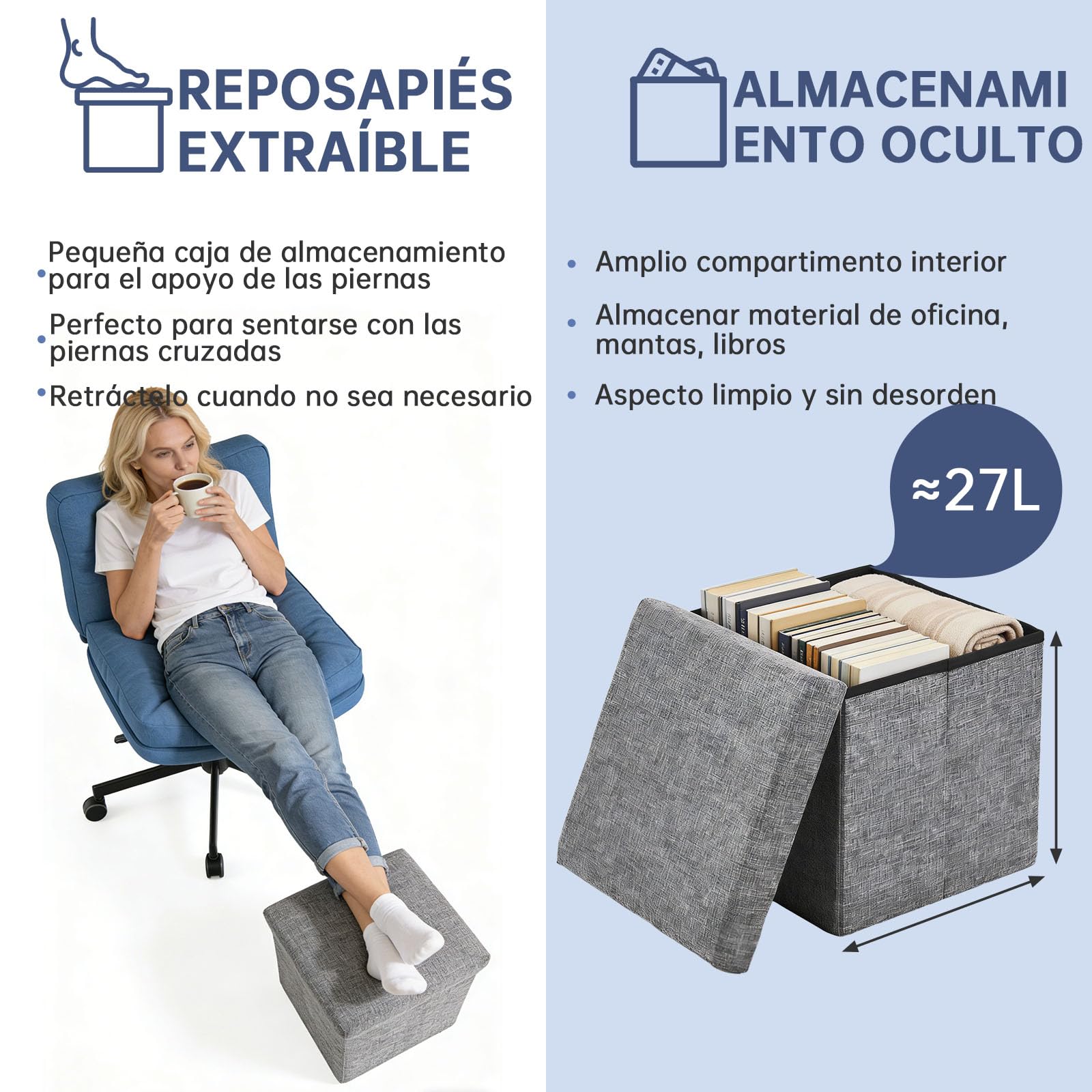Silla Escritorio Ajustable en Altura Silla Oficina Ergonómica con Ruedas, Silla Tocador con Taburete de Almacenamiento, Silla Giratoria con cojín Grueso para Oficina, Estudio, Azul