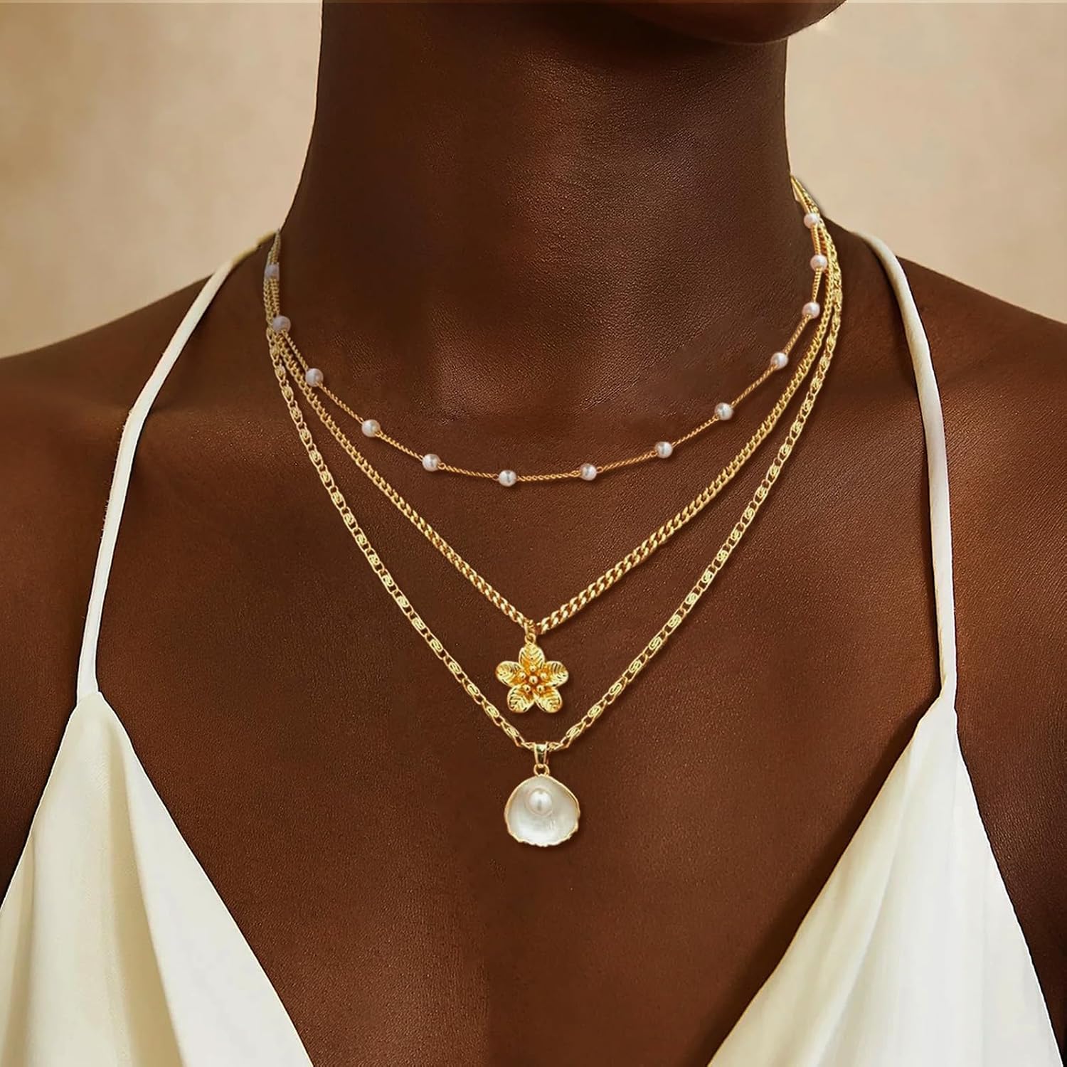 Gold Sea Shell Necklace Layered Charm Necklace for Women Boho Summer Seashell Beach Starfish Necklaces 14k Pearl Chain Surfer Jewelry Beach Vacation Essentials - Image 2