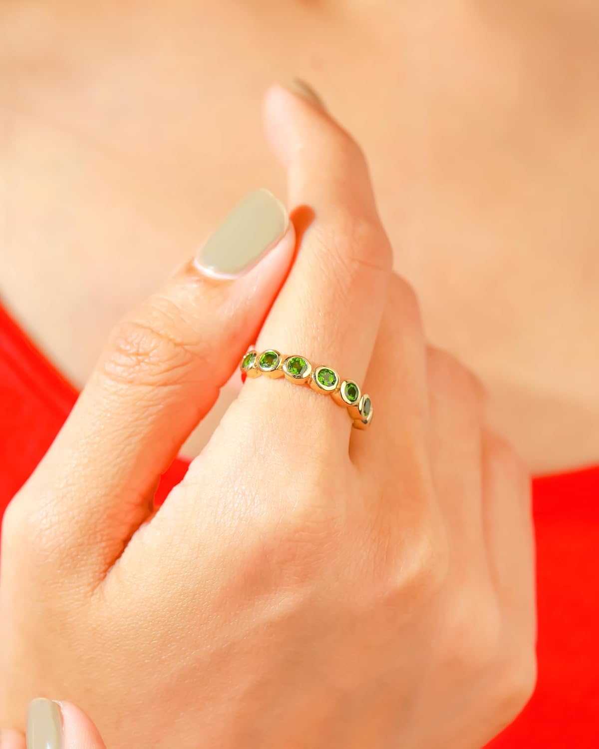 YoTreasure Solid 14K Gold Plated Over 925 Sterling Silver Amethyst Garnet Chrome Diopside Eternity Band Rings | Stackable Wedding Band, Promise & Anniversary Rings Jewelry