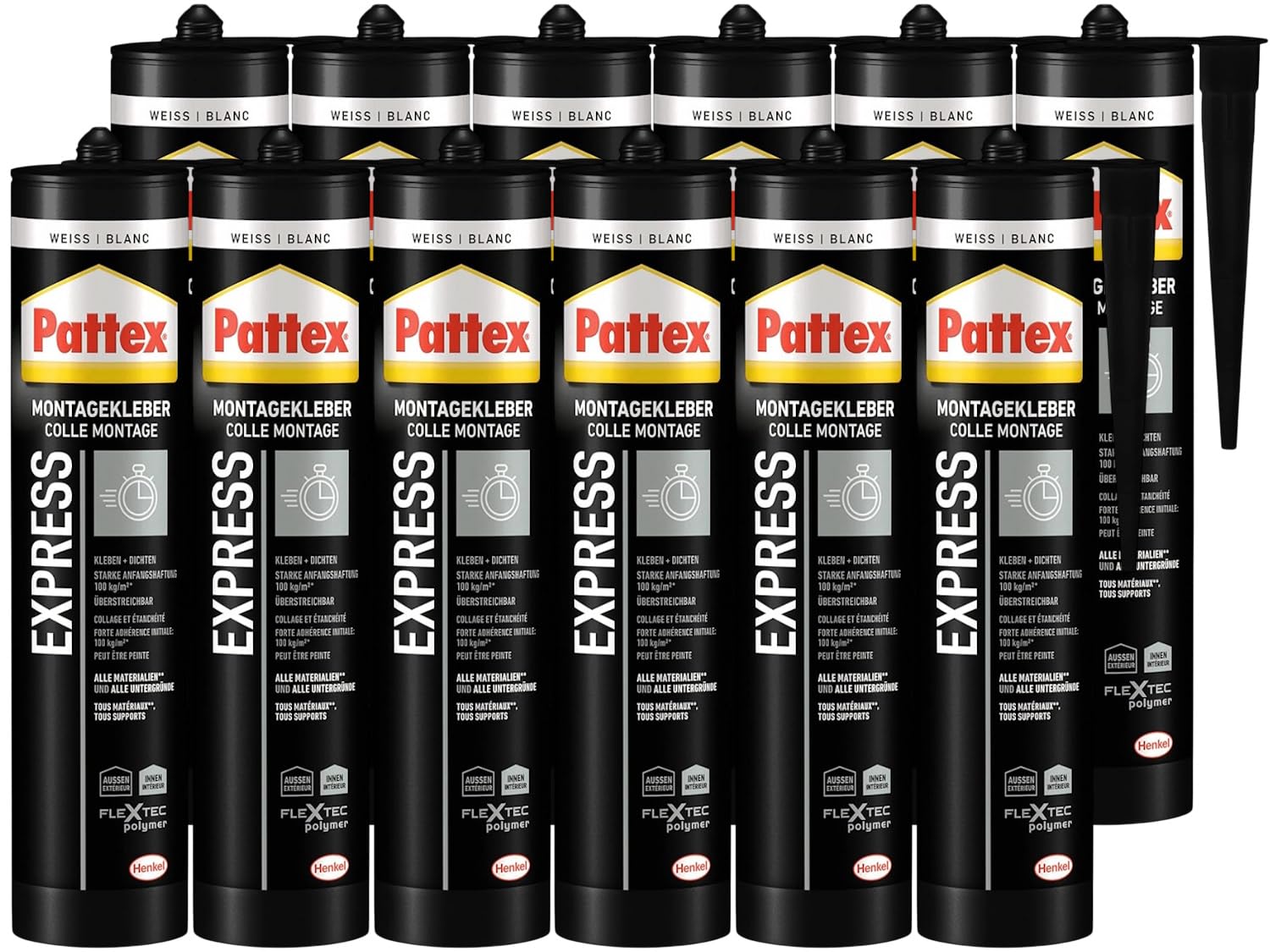 Pattex Montage Express, starker Montagekleber für schnelle Verklebungen, Universalkleber für alle Materialien*, Baukleber mit starker Anfangshaftung, 12x440g Kartusche