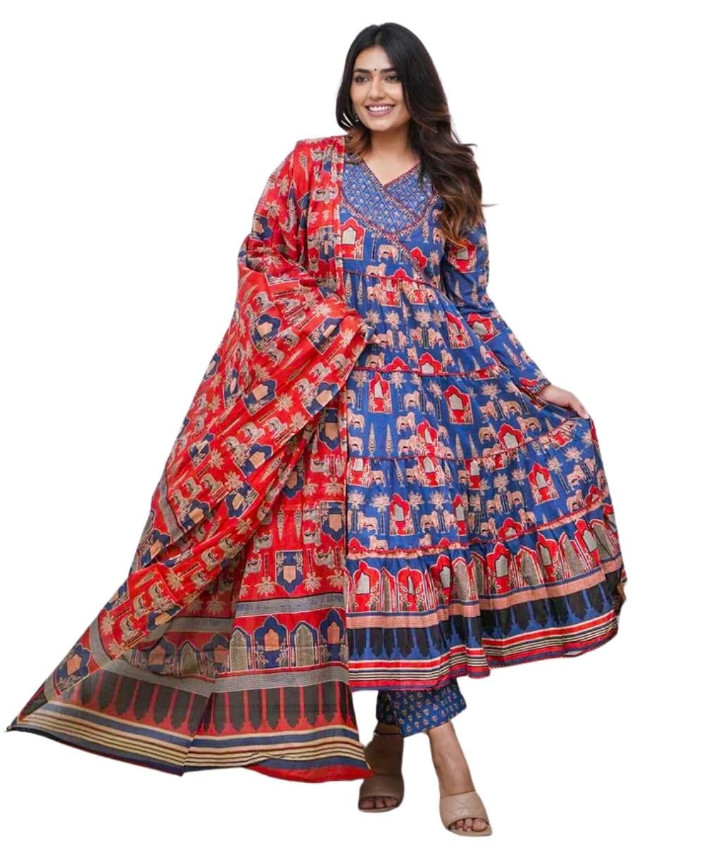 Greciilooks Women's Poly Rayon Regular Kurta Set (Gl-W.Kurta Set-K2762&P184&D122_Blue_3Xl)