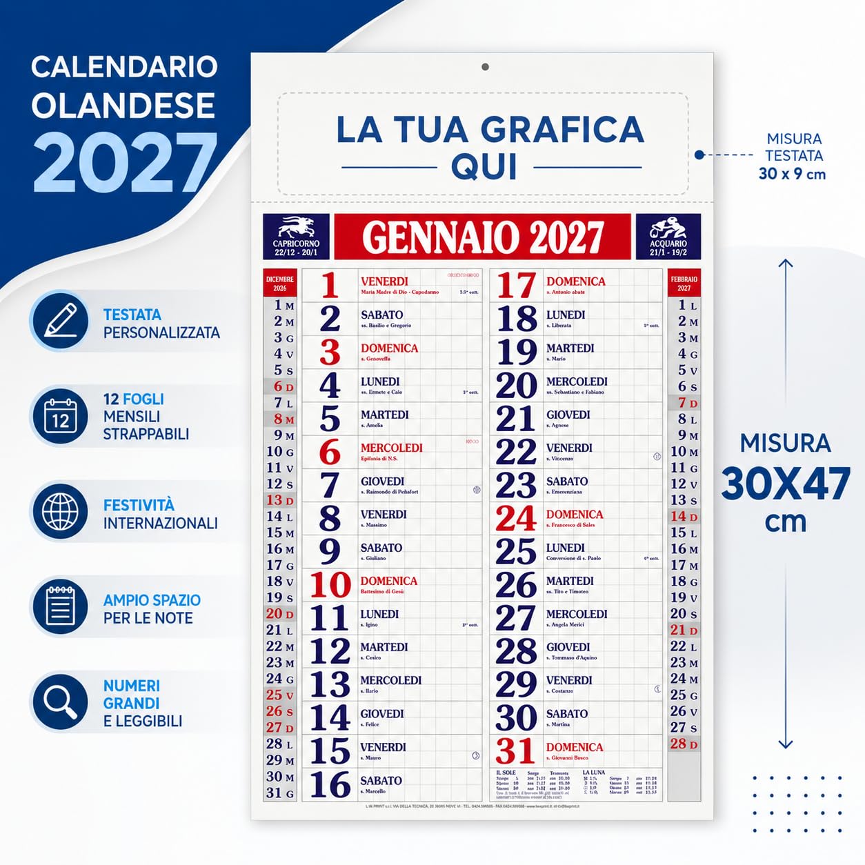 Calendari Personalizzati 2027 in Stock da 100 Pezzi Olandesi Grandi da Muro Notes sul Retro per Gadget Pubblicitari di Fine Anno e come Omaggio per i Clienti o Regali Aziendali | PA610