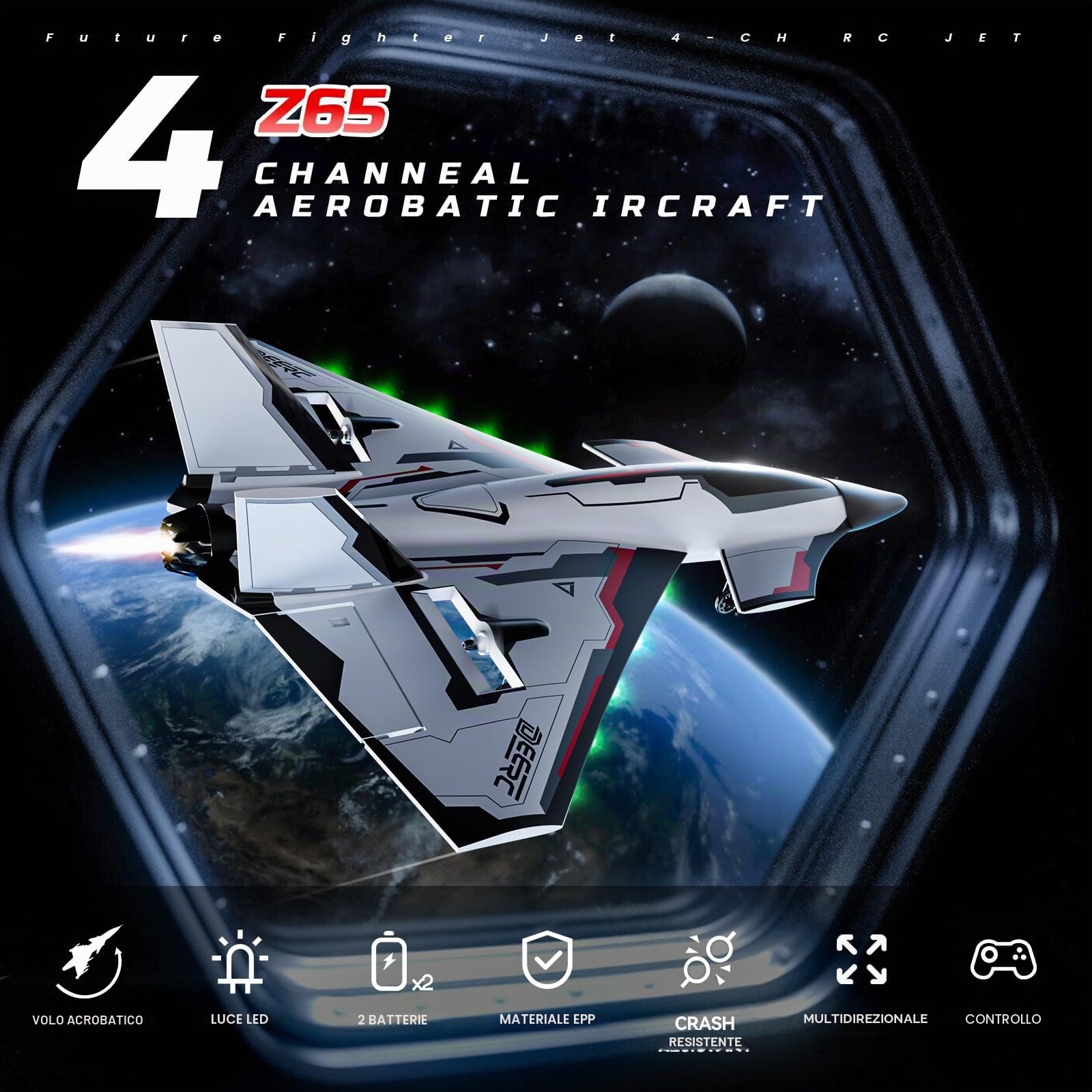 DEERC Aereo telecomandato Future RC Aereo a 4 canali con luci LED, facile da volare, aereo acrobatico, stabilizzatore giroscopico a 6 assi 2.4GHz, RTF, per adulti, bambini, principianti e ragazzi.