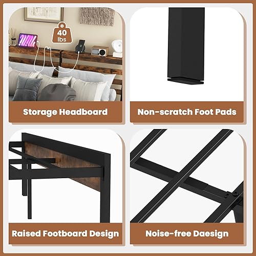 Miniatura 6 de Giantex Base de cama de metal con estación de carga, plataforma industrial con cabecera de almacenamiento, base de colchón resistente, fácil