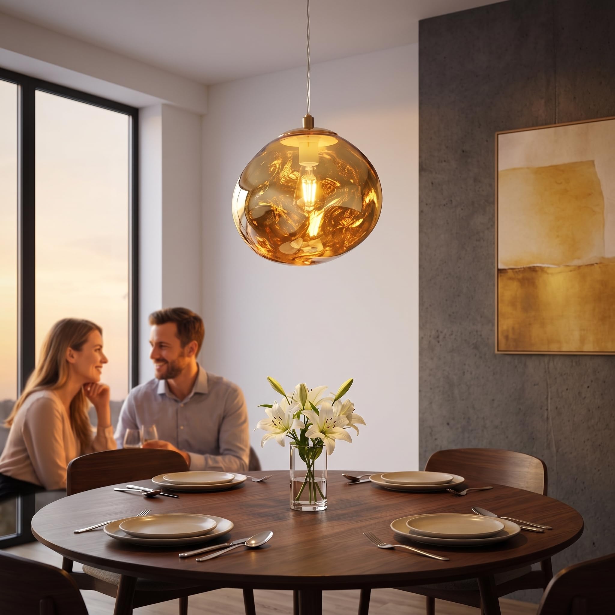 BARCELONA LED Goldene Pendelleuchte Ø28cm E27 Aus Glas | Robustes Metall, Transparentes höhenverstellbares Kabel, Bis 40 W, Für Wohn- und Esszimmer, Wohn- und Hotelbereich
