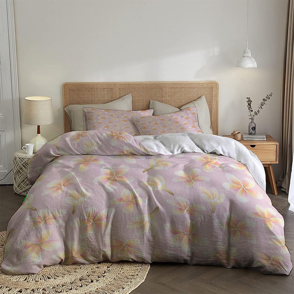 NIBAINLO 布団カバーパステルピンクの水彩画風のロマンチックなプルメリアの花 肌に優しい ピーチスキン加工 掛け布団カバー 和式 洋式 あったか 布団カバーセット リバーシブル ホームステイ ホテル 家庭兼用