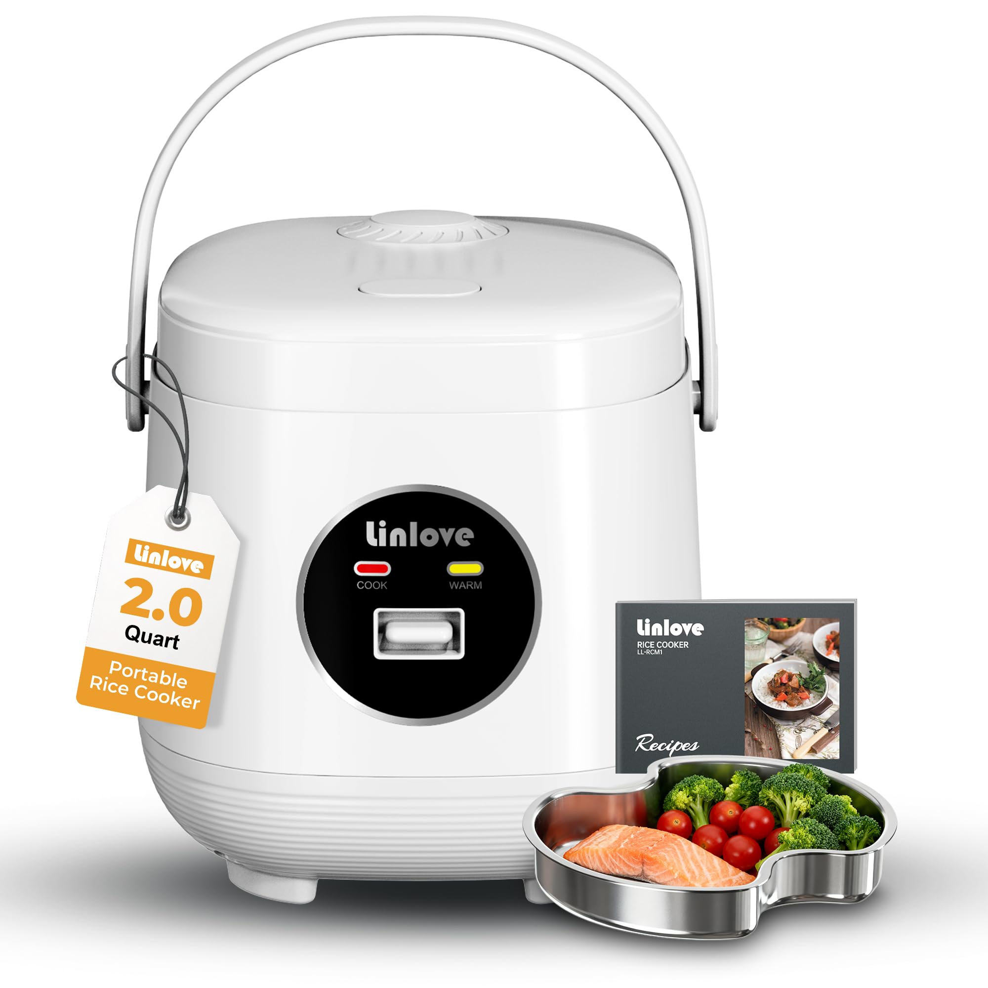 Linlove Rice Cooker Small 4 cup Uncooked 2 Quart Non-stick Mini Rice Cooker With Stainless Steel Steamer Tray
