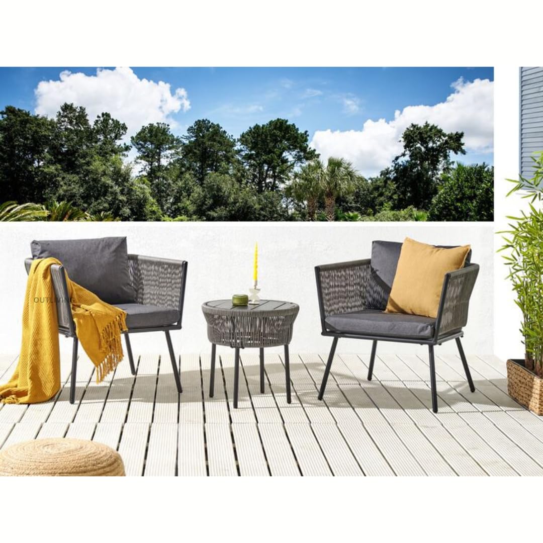 OUTLIVING Patio Seating 2 Chairs and Round Coffee Table Set Braid Rope Outdoor Furniture Set for Balcony, Garden (Natural) (Grey 2)-image-36