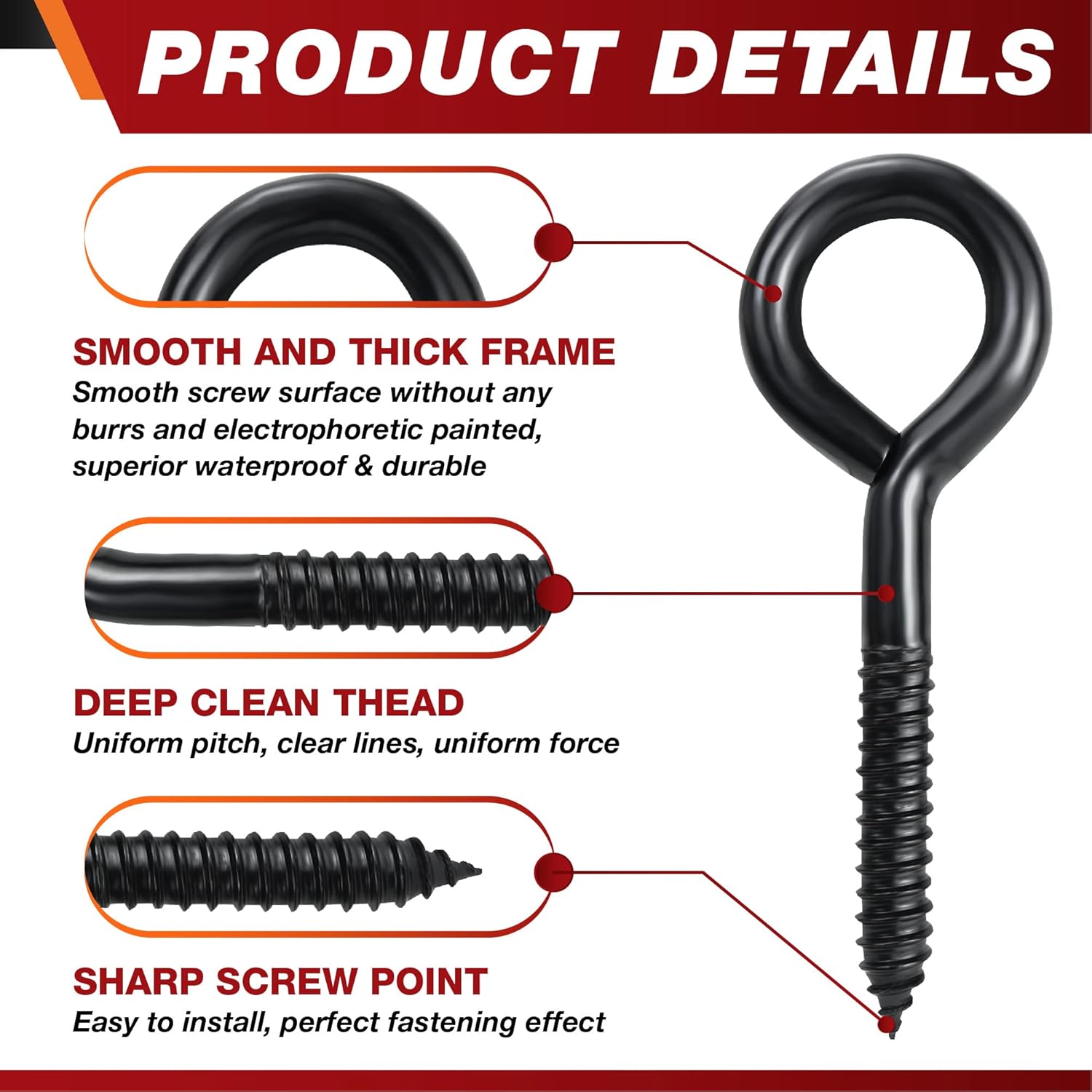 6 Inch Heavy Duty Black Screw Eyes Hooks, 700LBS Breaking Strength, 4PCS Self Tapping Eyelet Screw Eye Bolts, Screw in Eye Hooks for Wood Securing Cables Wire, Heavy Indoor & Outdoor Uses - Image 5