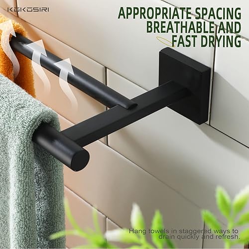 Miniatura 3 de KOKOSIRI Toalleros dobles de 32 pulgadas, toalleros de baño, ganchos para toallas de baño, 2 unidades, color negro mate B5005BK-L32+B1013BK-P2