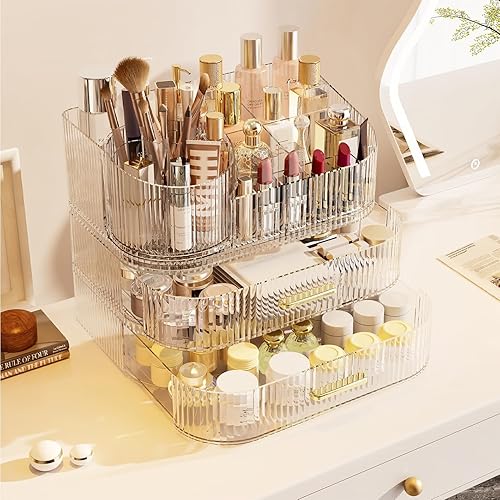 Miniatura 4 de Organizador de maquillaje con cajones y soporte giratorio de 360, almacenamiento de cosméticos de gran capacidad para tocador, cuidado de la piel,
