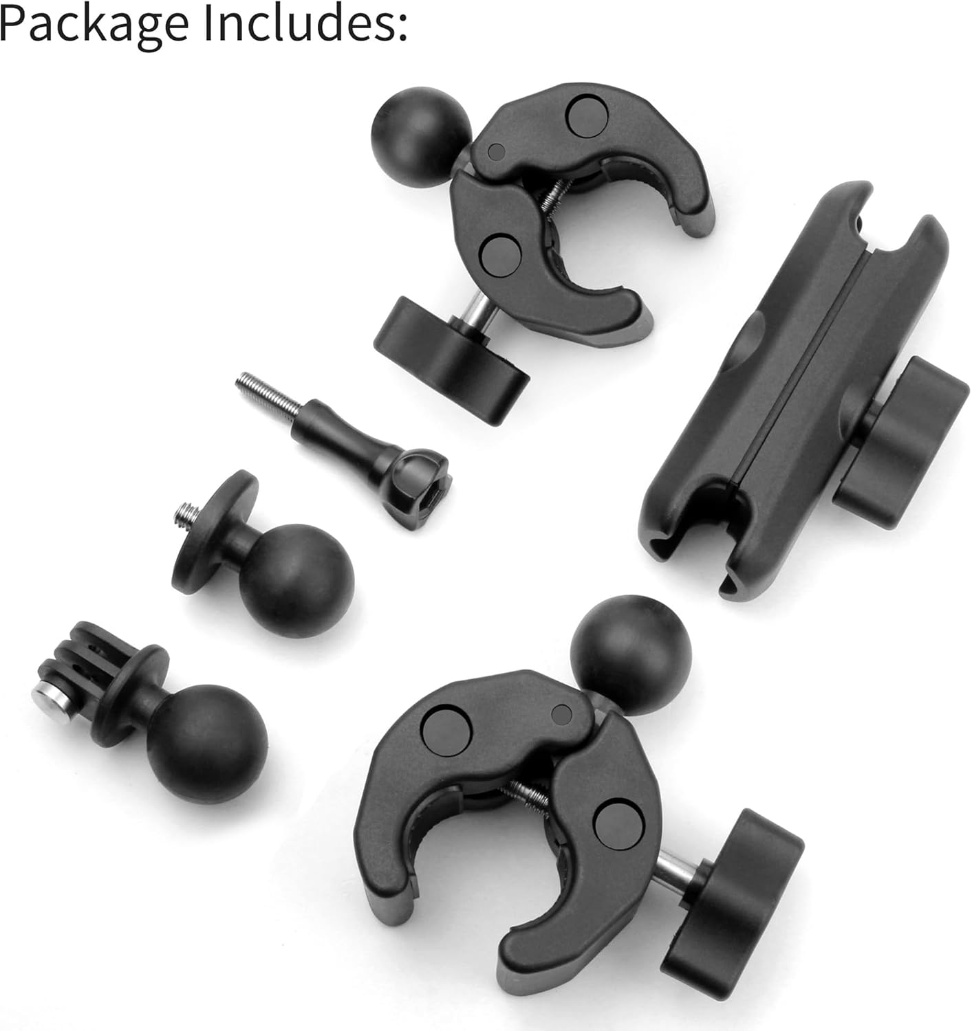 SOONSUN Double Clamp with 2-Pack 1'' Ball Adapter, Umbrella Clamp for Chair, Desk, Tripod, Stroller, Camera Mount for Insta360, GoPro, Osmo Action, DSLR, Compatible with RAM Mount B Size Socket Arm