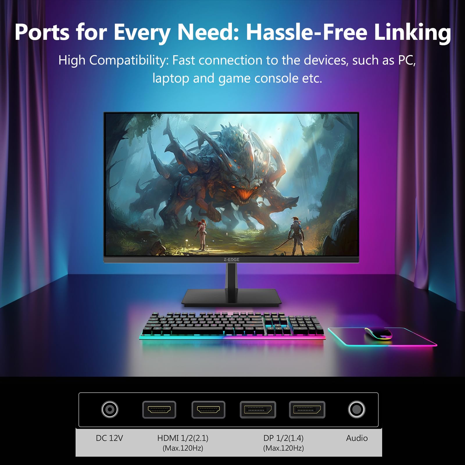 Z-Edge 27 Zoll 4K Monitor 120Hz UHD Gaming Monitor 3840x2160 IPS HDMI 2.1 | PC Bildschirm 16:9, 1ms MPRT, 250cd/m², FreeSync, HDR10, DP 1.4, HDMI 2.1, VESA Kompatibel, Schwarz