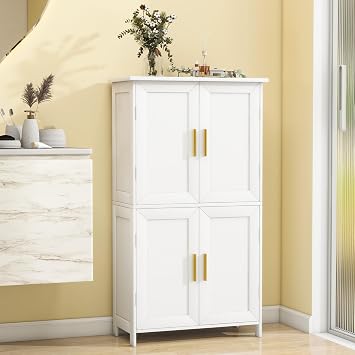 Bathroom Floor Storage Cabinet Freestanding Organizer with 4 Doors, White | Bathroom Cabinet Storage Organizer with Adjustable Shelves for Bathroom, Laundry Room, Entryway