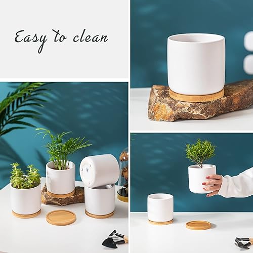 Miniatura 5 de TAMAYKIM Macetas de cerámica blanca de 4 pulgadas con agujeros de drenaje, adorable maceta con bandeja para plantas suculentas de interior, plantas
