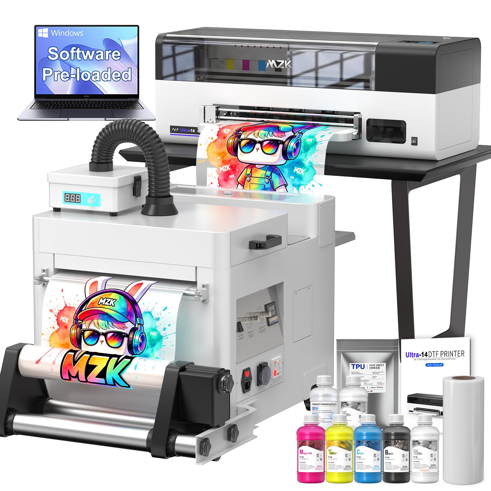 MZK 14''A3 DTF Printer Bundle With F1080 Printhead,2X Speed vs L1800/R1390,One-Click Printhead Moisturizing+24/7 Auto-Cleaning+White Circulation+Ink Anti-Clog Design,5" Smartscreen,2-Year Ink Included