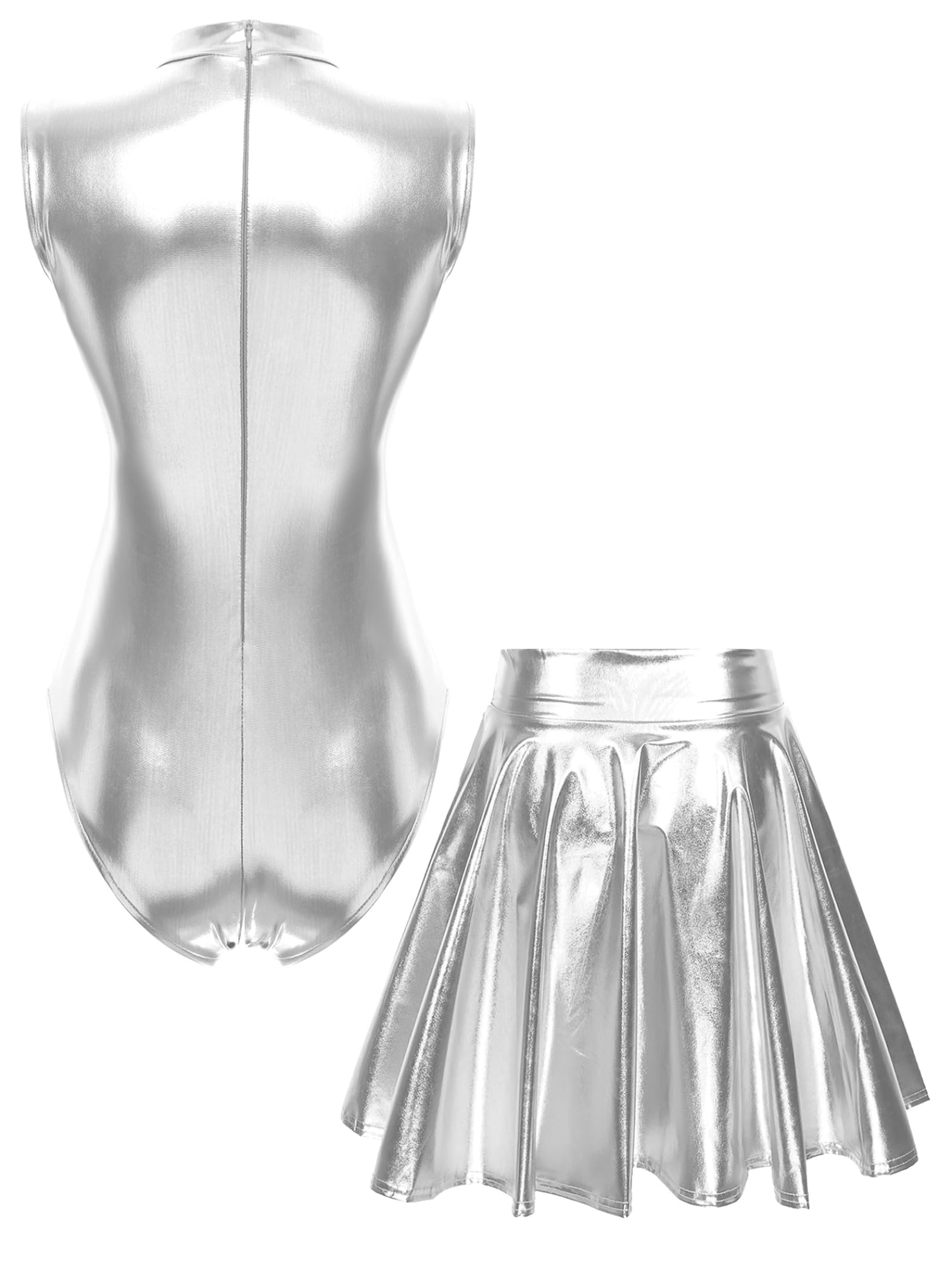 Donna Tutina Ginnastica Metallizzata Iridescente Brillante Body Senza Maniche con Gonna Plissettata Abbigliamento da Danza Set per Disco Carnevale