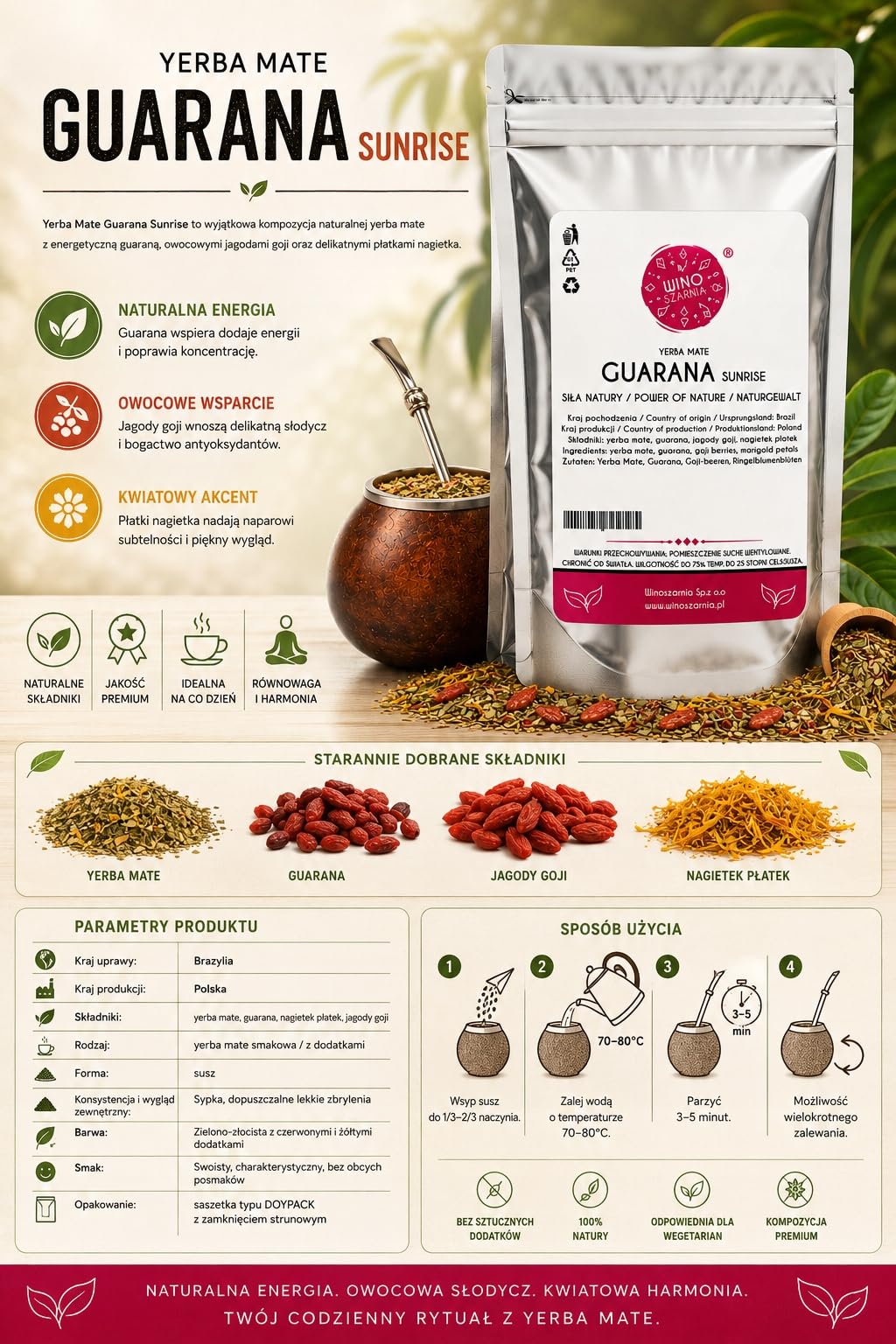 Yerba Mate z Guaraną 500g Guarana Sunrise Naturalna Energia