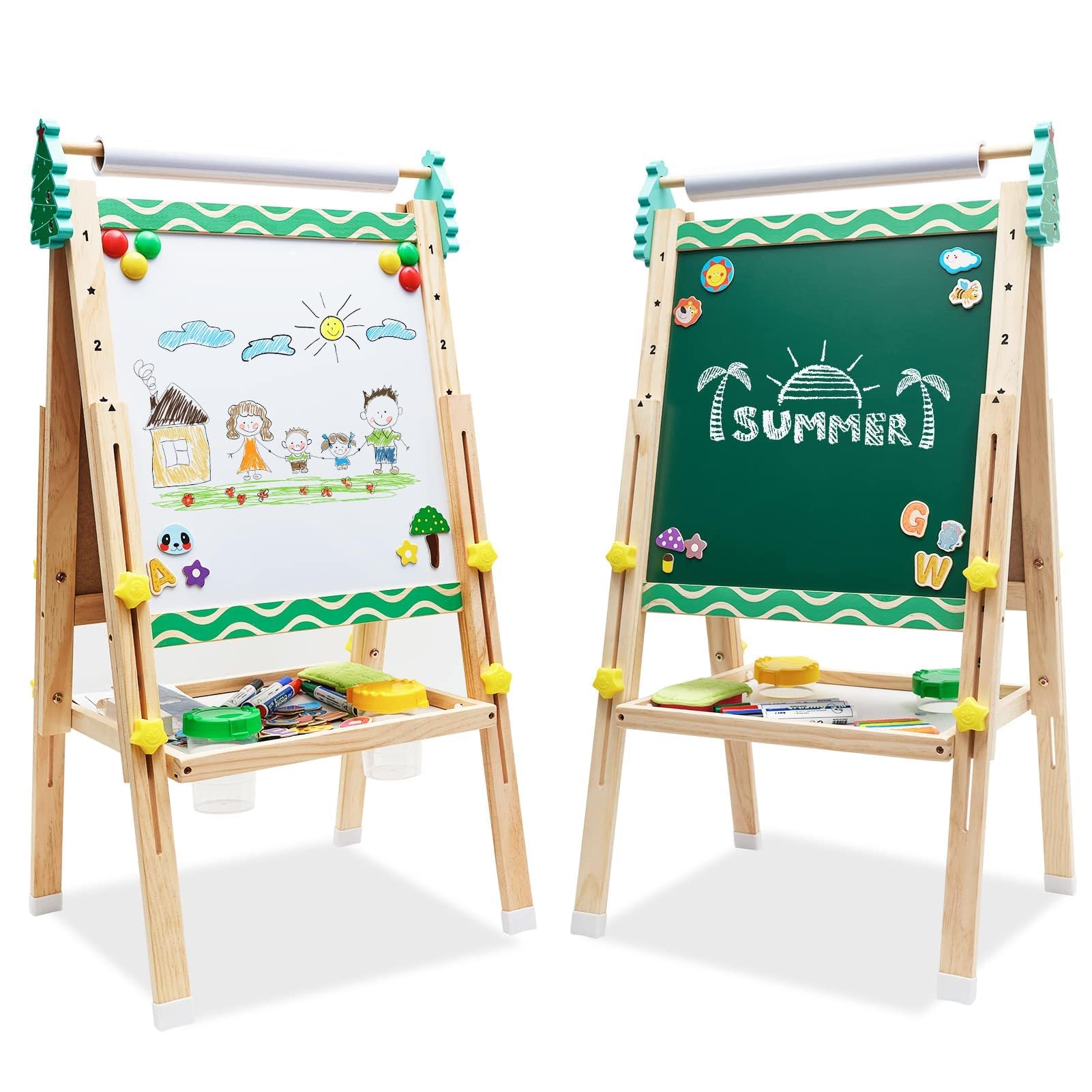 Kids Easel with Paper Roll Double-Sided Whiteboard Chalkboard Adjustable Height 66-100cm Standing Easel Wooden Art Easel with Numbers and Other Accessories Drawing Board for Kids and Toddlers