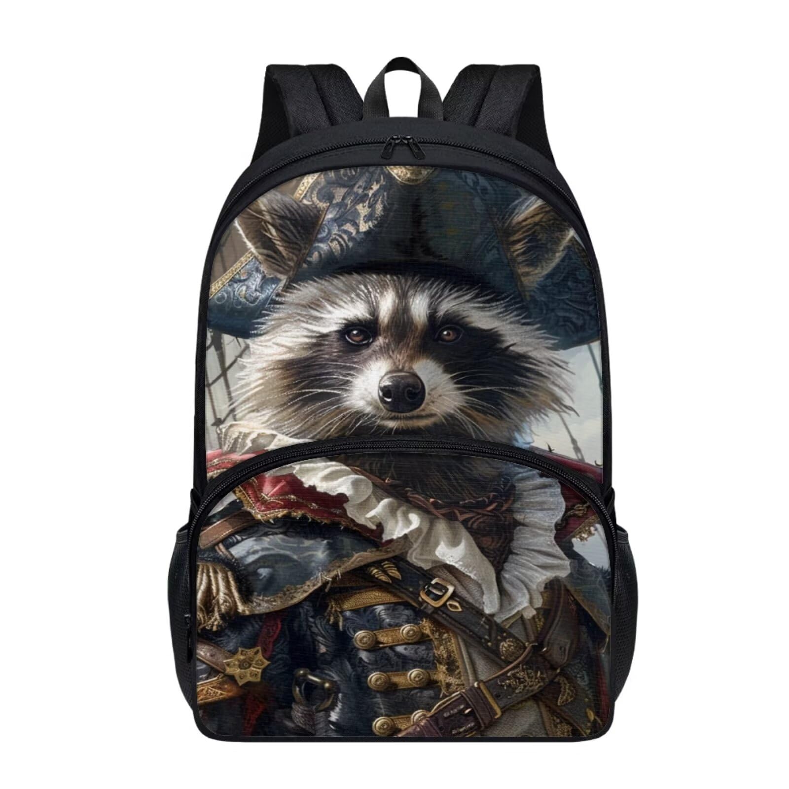 Allcute Funny Pirate Raccoon Backpack for Boys Girls Casual Lightweight 17 Inch School Bag with Front Pocket Padded Straps Kids Animal Print Bookbag