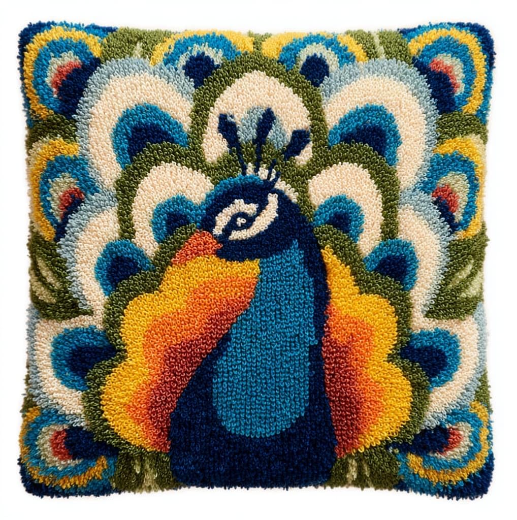 Henypt 43x43cm Latch Hook Pillow Kit,Beautiful Peacock Pre-Printed Canvas Cushion Cover Craft,Easy Latch Hook Embroidery Kit for All Skill Levels